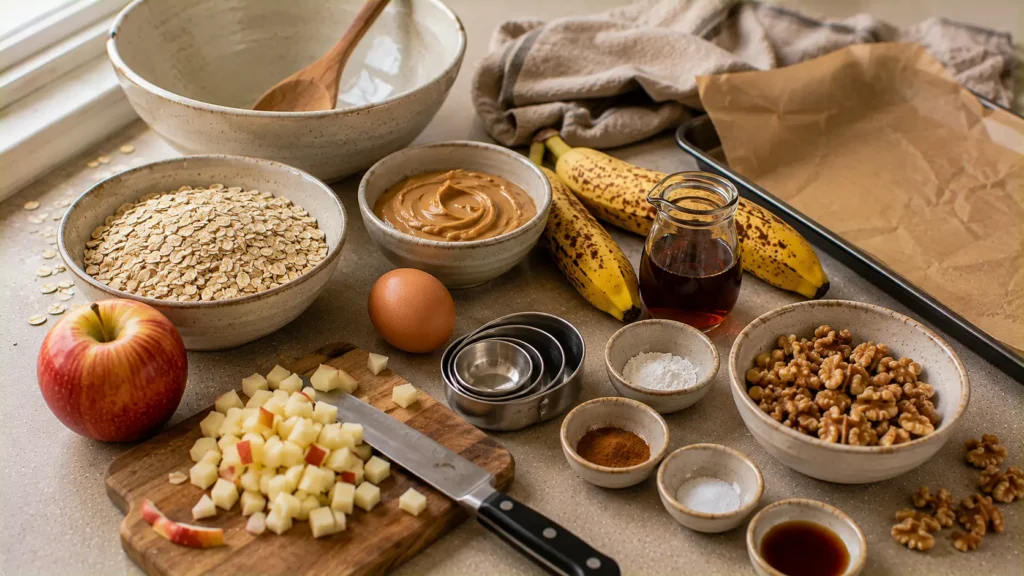 Ingredients for apple oatmeal breakfast cookies including oats, apples, bananas, peanut butter and cinnamon.