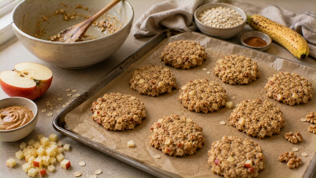 Raw apple oatmeal breakfast cookies shaped on a parchment-lined baking sheet before baking.