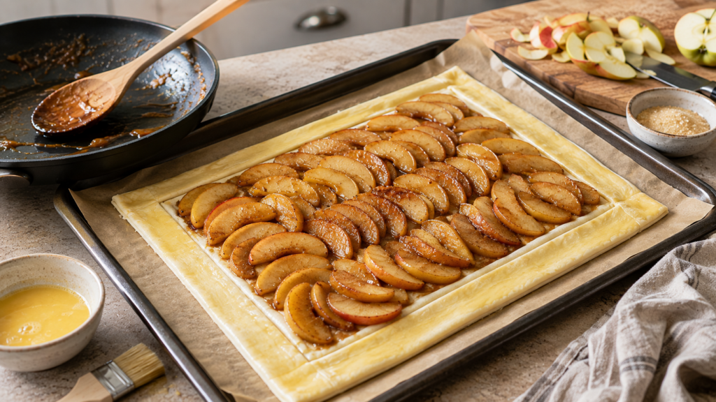 Caramelized cinnamon apples arranged on raw scored puff pastry before baking into an apple tart.