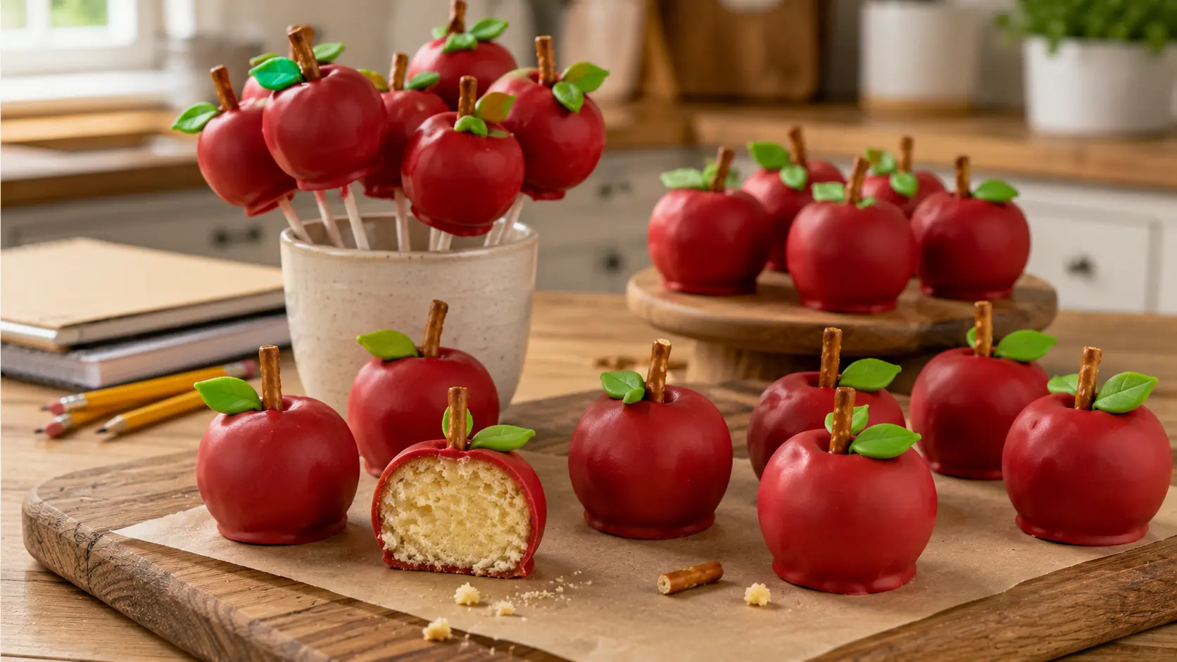 Homemade apple-shaped back-to-school cake pops with red candy coating, pretzel stems, green leaves, and vanilla cake centers.