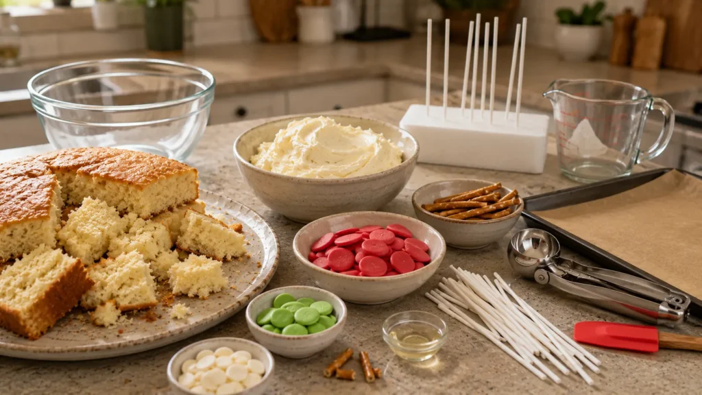 Vanilla cake, frosting, red and green candy melts, pretzel stems, and cake pop sticks for apple-shaped back-to-school cake pops.