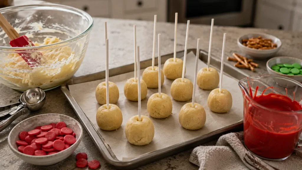 Uncoated apple-shaped vanilla cake pops on sticks before dipping in red candy coating.