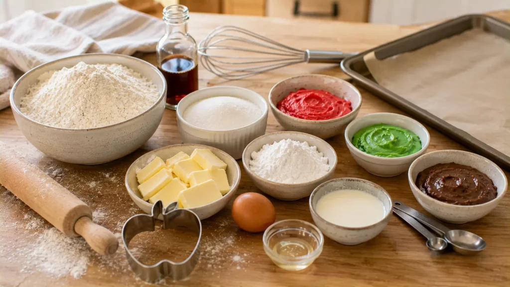 Ingredients for back-to-school apple sugar cookies including flour, butter, sugar, egg and cookie icing.