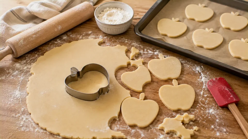 Apple-shaped sugar cookie dough being cut and arranged on a baking sheet before baking.