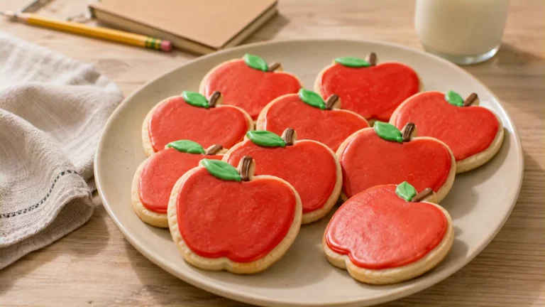 Apple-shaped back-to-school sugar cookies decorated with red icing, green leaves and brown stems.