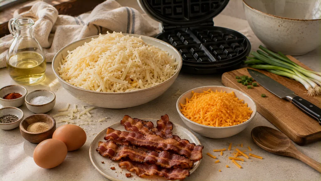 Ingredients for bacon and cheese hashbrown waffles including shredded potatoes, bacon, cheddar, eggs and green onions.