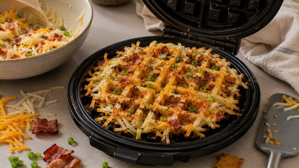 Loaded hashbrown waffle with bacon and cheddar cooking until crispy in a waffle maker.
