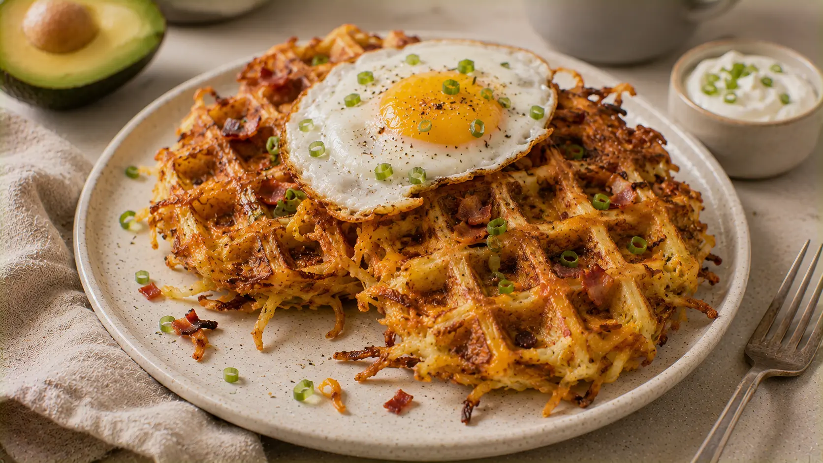 Crispy bacon and cheese loaded hashbrown waffles topped with a fried egg and green onions.