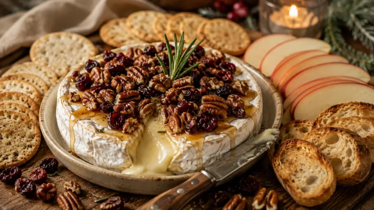 Baked Brie topped with honey, toasted pecans, dried cranberries, and rosemary served warm with crackers and apple slices.