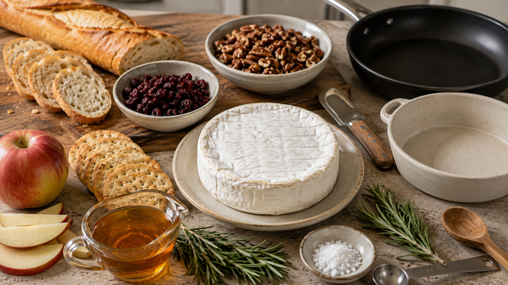 Brie cheese, honey, pecans, dried cranberries, rosemary, crackers, baguette, and apple for baked Brie.
