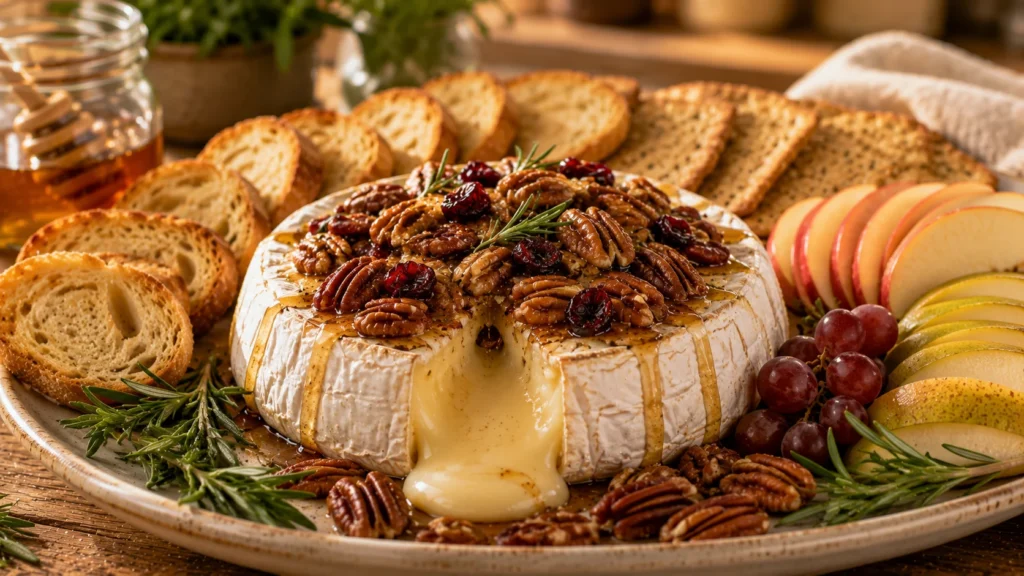 Baked Brie with honey and pecans served with crackers, apples, pears and grapes.