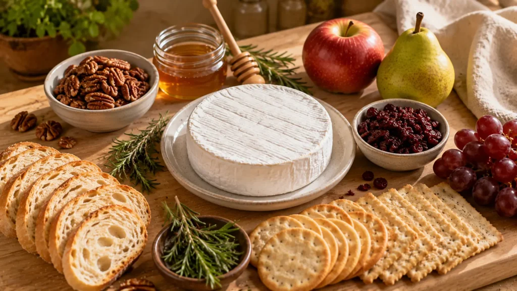 Ingredients for Baked Brie with Honey and Pecans arranged on a wooden kitchen countertop.