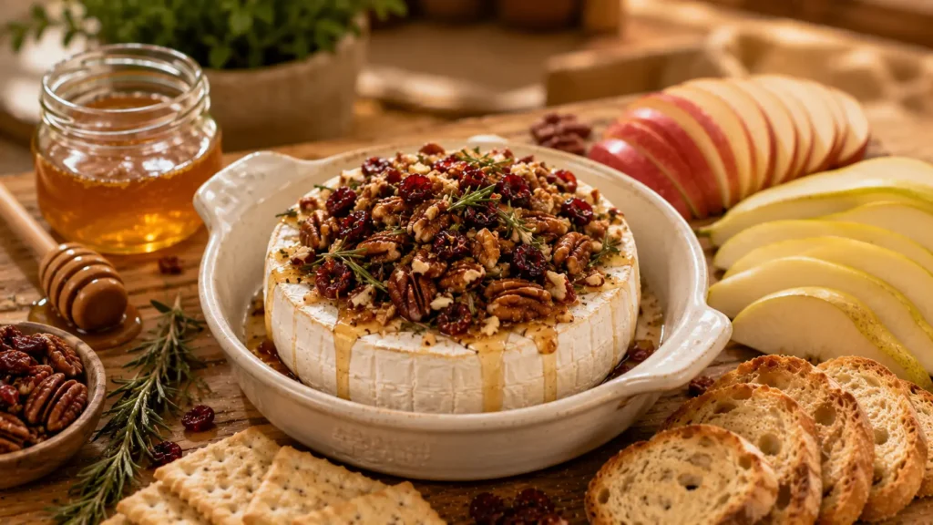 Brie cheese topped with honey, pecans, cranberries and rosemary before baking.