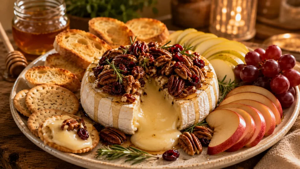 Warm Baked Brie with Honey and Pecans served with toasted bread, crackers and fresh fruit.