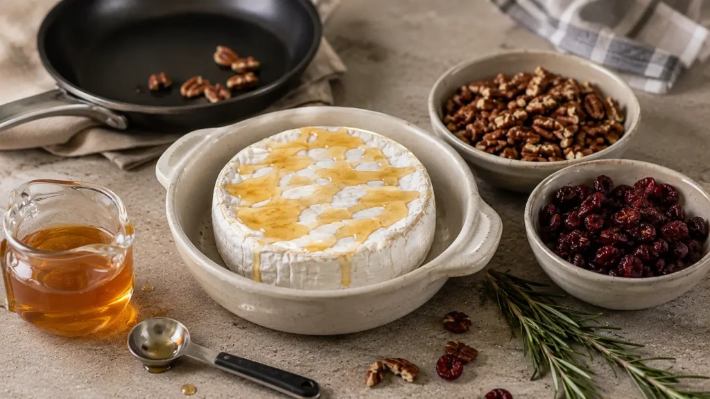 Unbaked Brie wheel drizzled with honey in a baking dish with pecans and cranberries ready to add later.