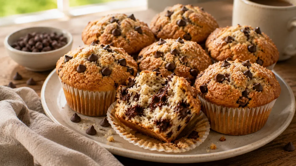 Tall bakery-style chocolate chip muffins with golden domed tops and soft chocolate-filled centers.