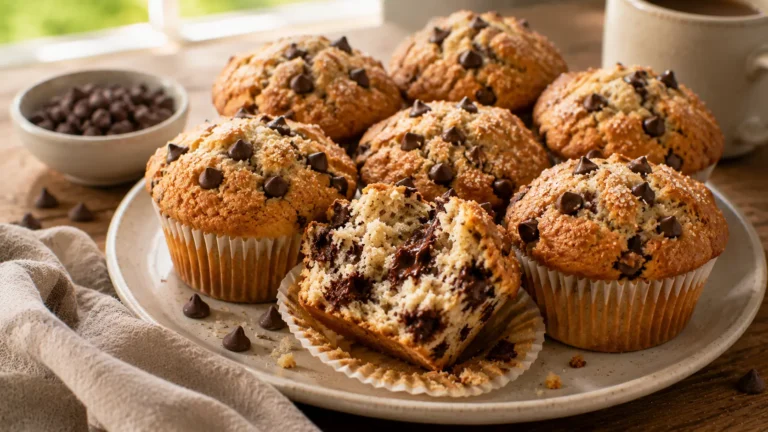 Tall bakery-style chocolate chip muffins with golden domed tops and soft chocolate-filled centers.