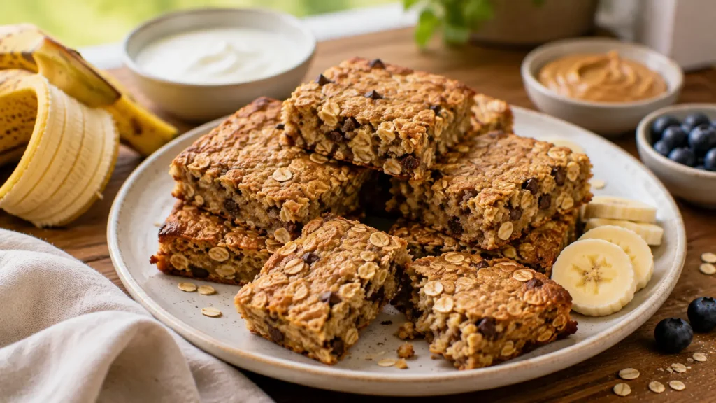 Soft banana oat breakfast bars made with ripe bananas, rolled oats and peanut butter.