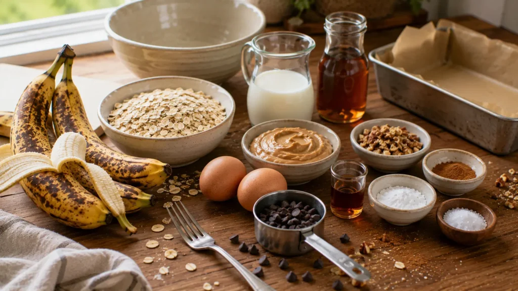 Ingredients for banana oat breakfast bars including ripe bananas, rolled oats, peanut butter, eggs and maple syrup.