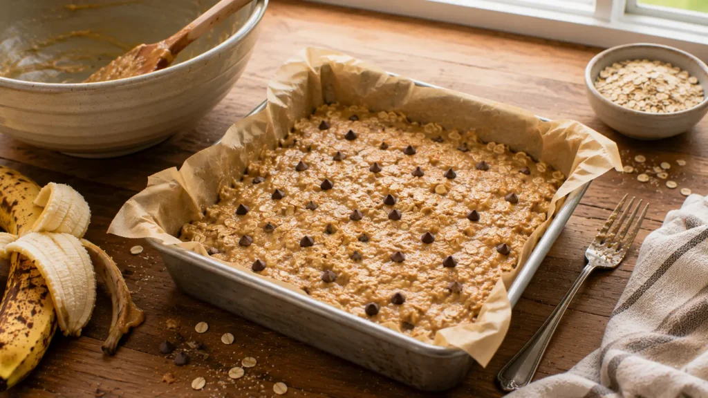 Banana oat breakfast bar mixture spread in a parchment-lined baking pan before baking.
