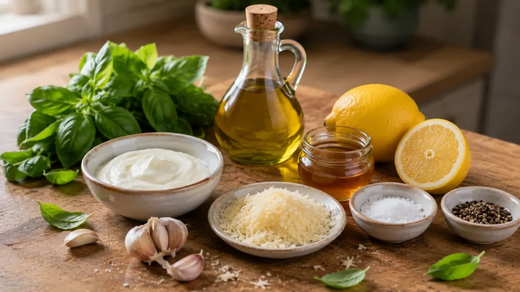 Fresh basil, Greek yogurt, lemon, Parmesan, garlic and olive oil for basil dressing.