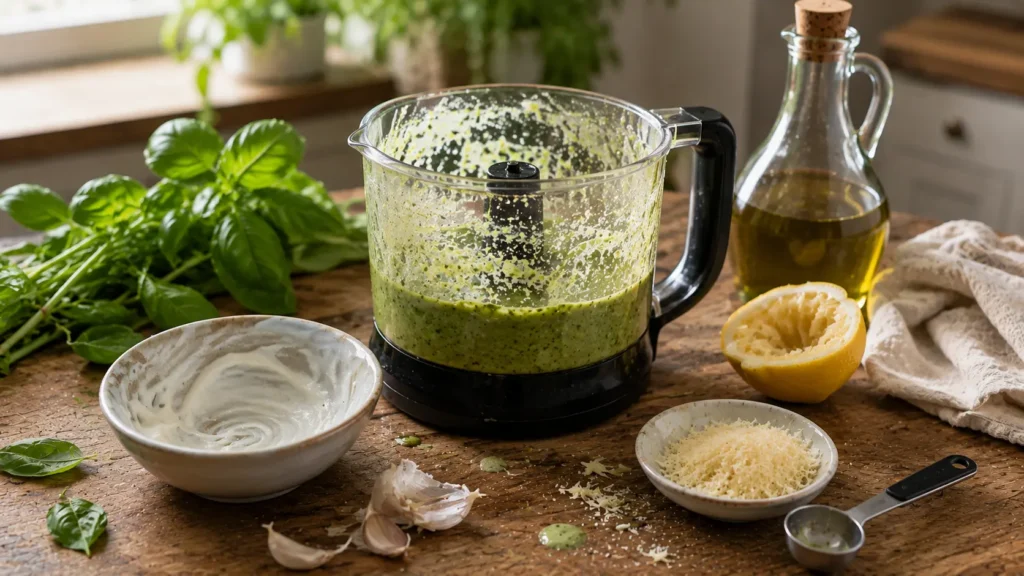 Creamy basil dressing being blended with fresh basil, yogurt, lemon and Parmesan.