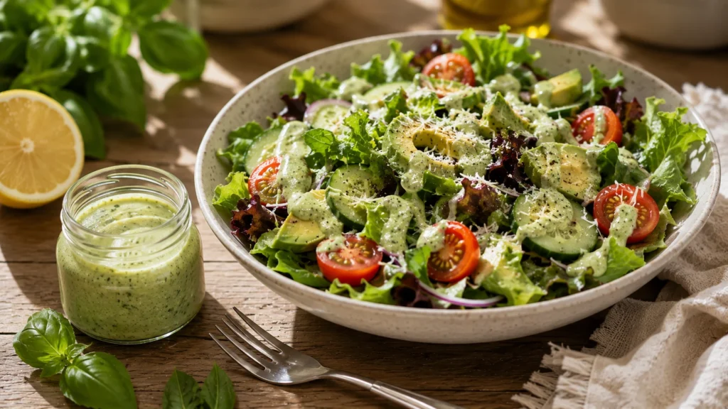 Fresh garden salad topped with creamy homemade basil dressing.