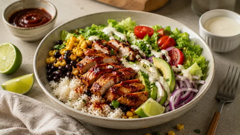 BBQ Ranch Chicken Bowl with sliced barbecue chicken, rice, black beans, corn, avocado, tomatoes and ranch dressing.