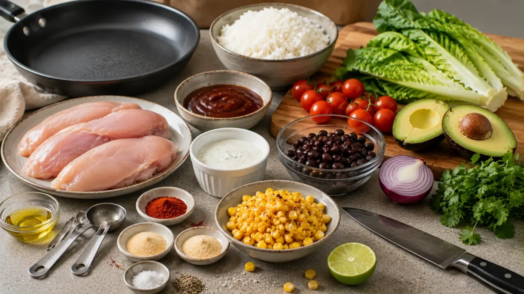 Ingredients for BBQ Ranch Chicken Bowls including chicken, barbecue sauce, ranch, rice, black beans, corn and fresh vegetables.