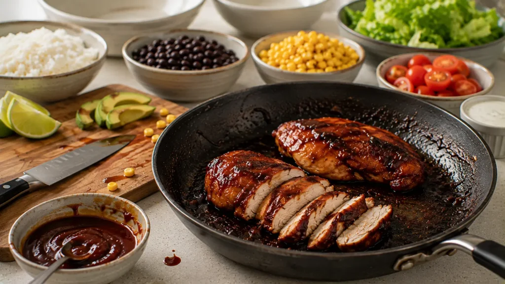 Barbecue chicken cooking in a skillet before being sliced for BBQ Ranch Chicken Bowls.