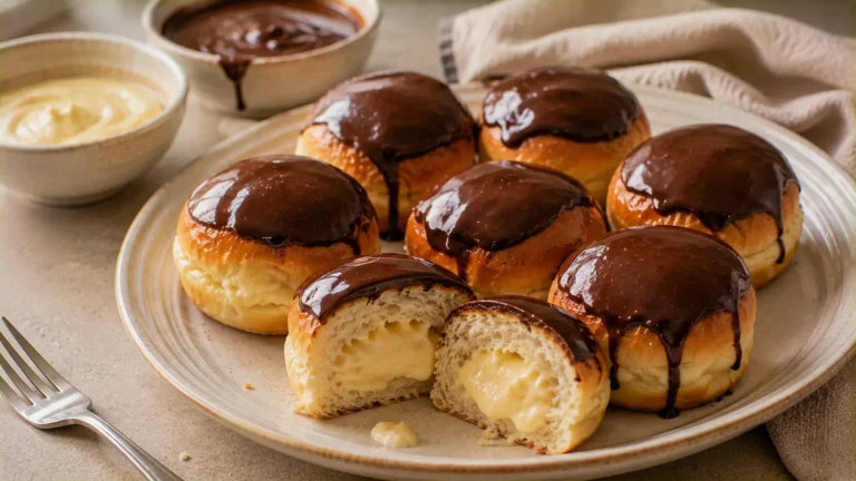 Boston cream Hawaiian roll donuts filled with vanilla cream and topped with chocolate ganache.