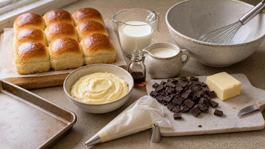 Ingredients for Boston cream Hawaiian roll donuts including sweet rolls, vanilla pudding, milk, cream and chocolate.