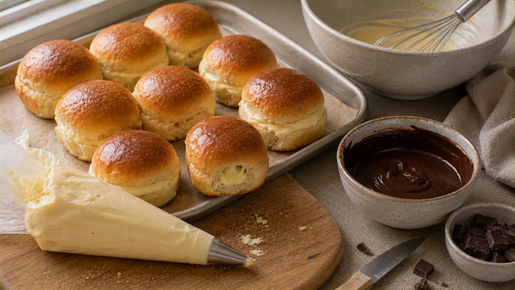 Hawaiian rolls being filled with vanilla cream before dipping in chocolate ganache.