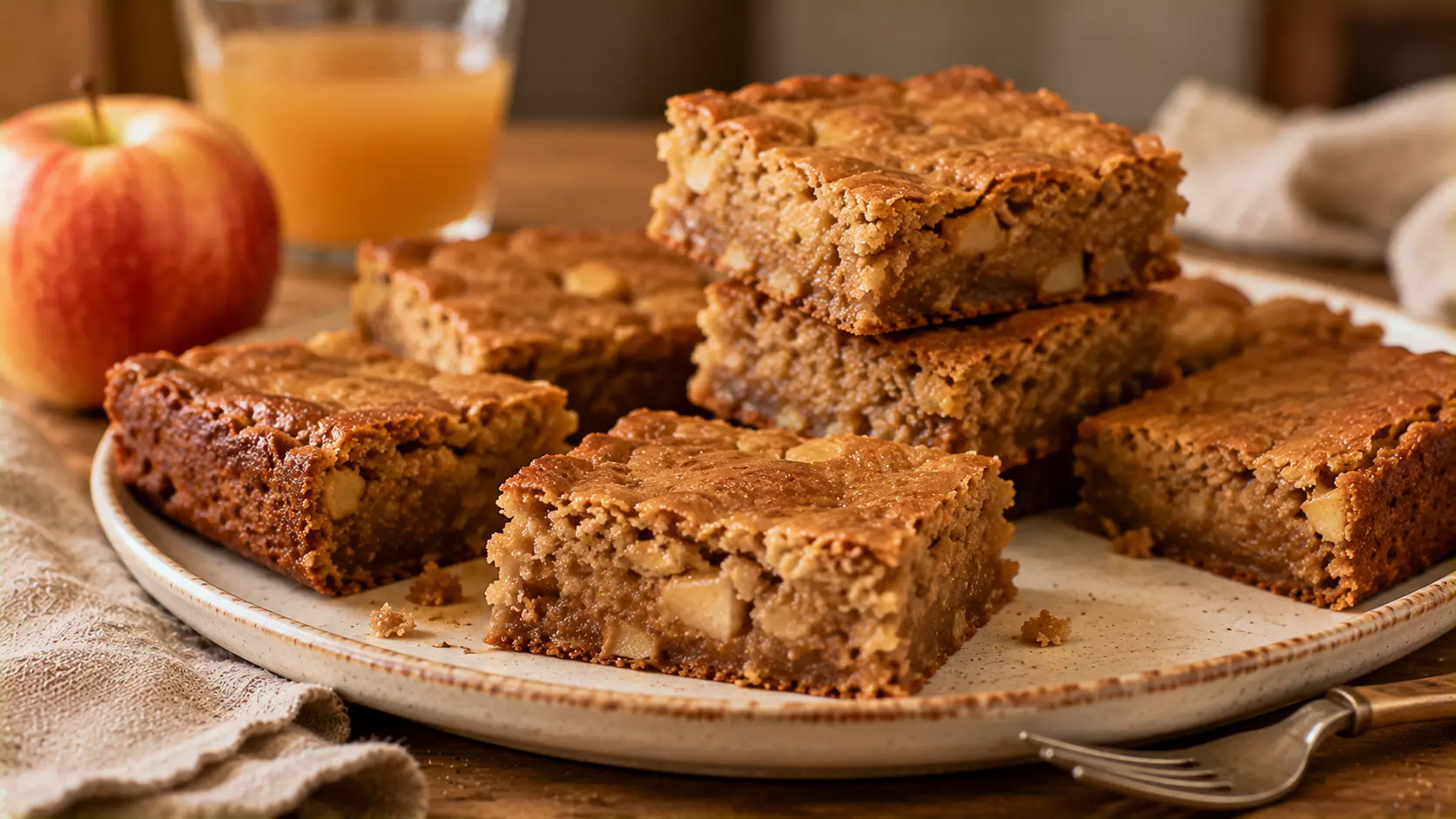 Brown butter apple cider blondies with a soft chewy center and fresh apple pieces.