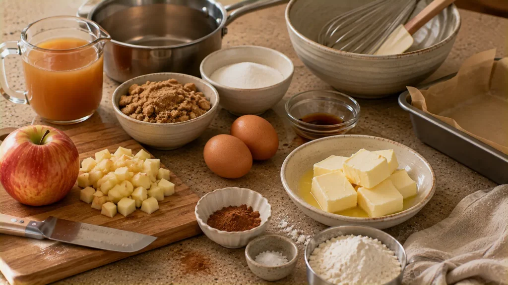 Ingredients for brown butter apple cider blondies including apple cider, butter, brown sugar, eggs and fresh apple.
