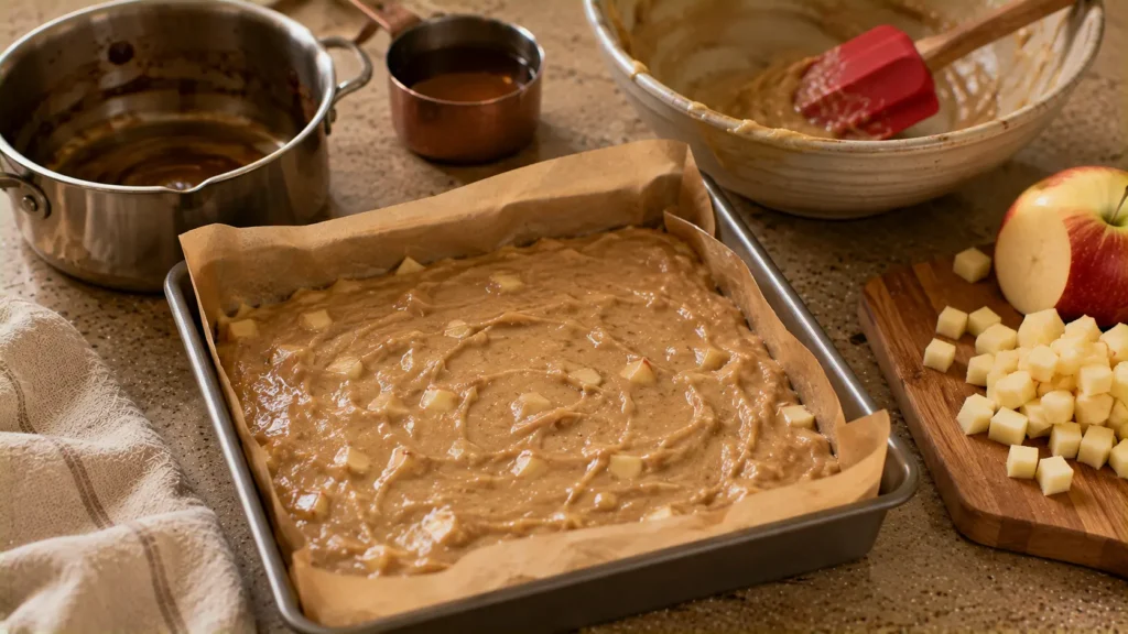 Apple cider blondie batter with fresh apple spread into a pan before baking.