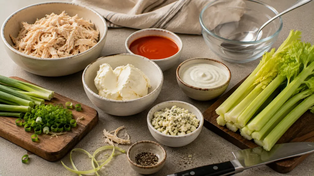 Ingredients for Buffalo chicken celery sticks including shredded chicken, buffalo sauce, cream cheese, ranch and celery.