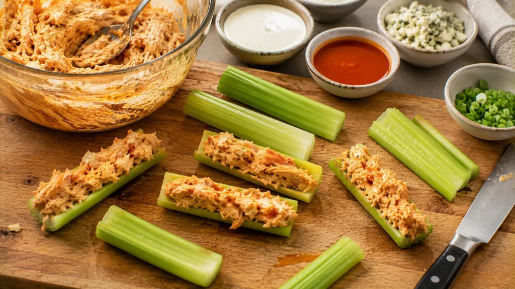 Buffalo chicken filling being spooned into fresh celery sticks on a cutting board.