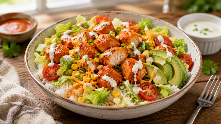 Buffalo chicken rice bowl with spicy chicken, rice, avocado, corn, tomatoes and ranch dressing.