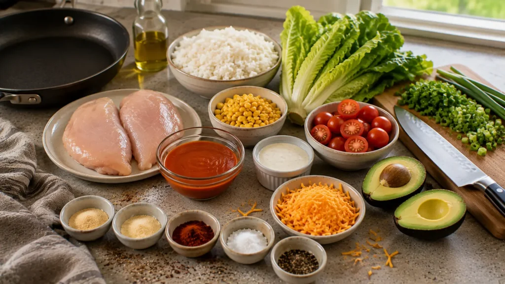 Ingredients for Buffalo chicken rice bowls including chicken, rice, Buffalo sauce, avocado, corn and tomatoes.