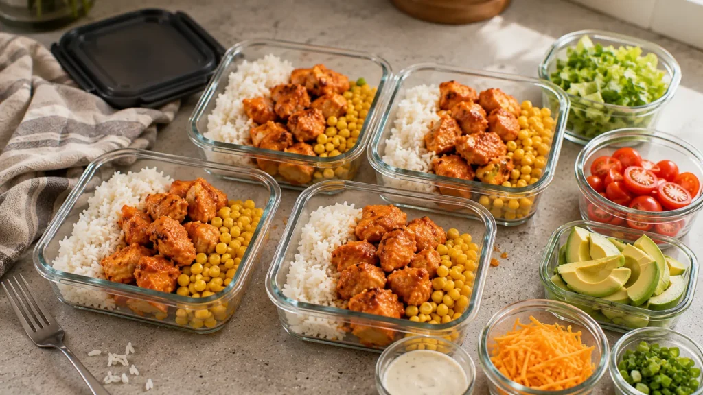 Buffalo chicken and rice portioned into meal prep containers with fresh toppings stored separately.