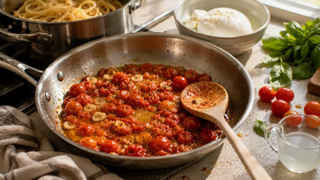 Cherry tomatoes bursting in a skillet with olive oil and garlic for tomato burrata pasta.