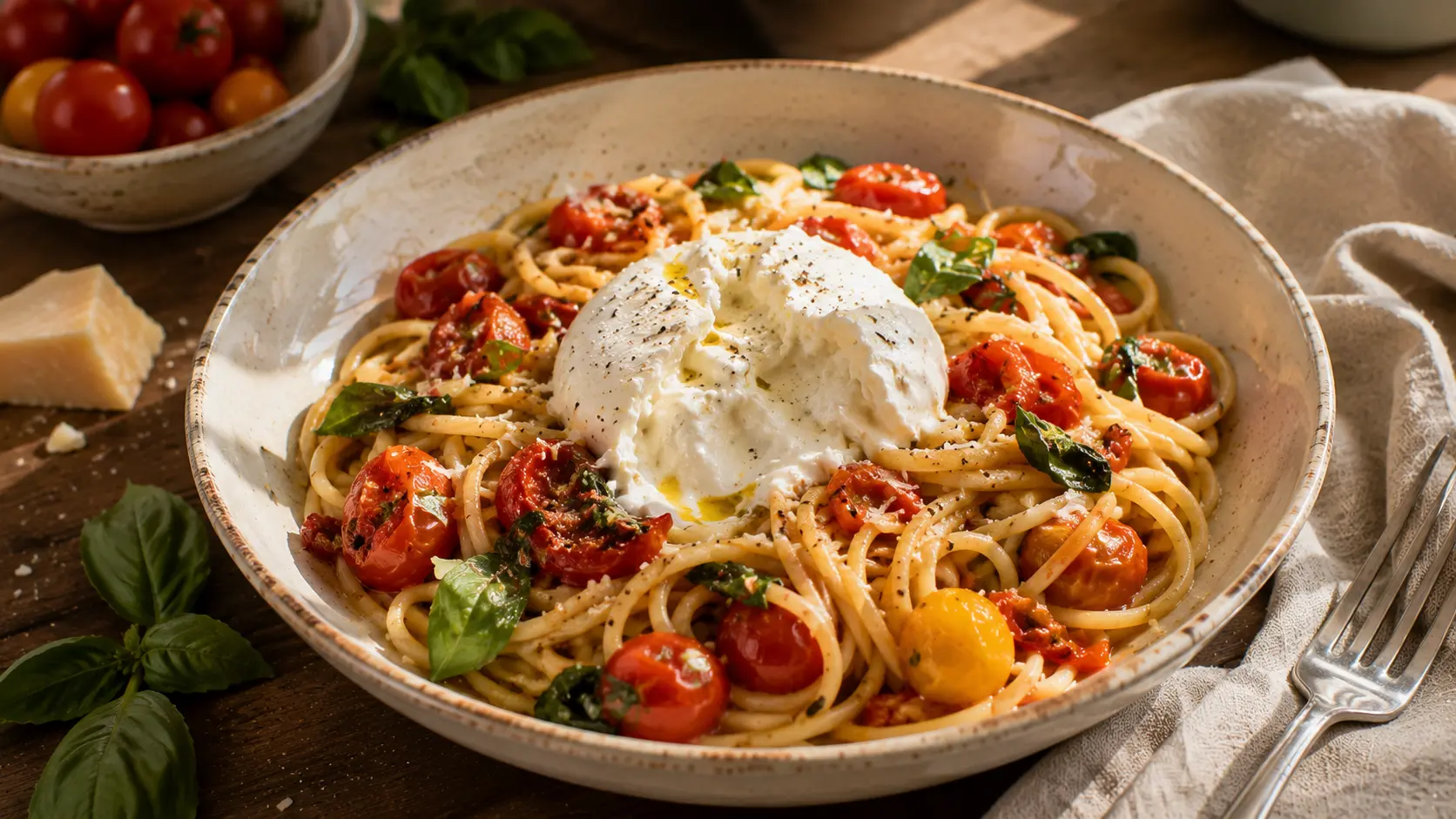 Burst tomato burrata pasta with cherry tomatoes, creamy burrata and fresh basil.