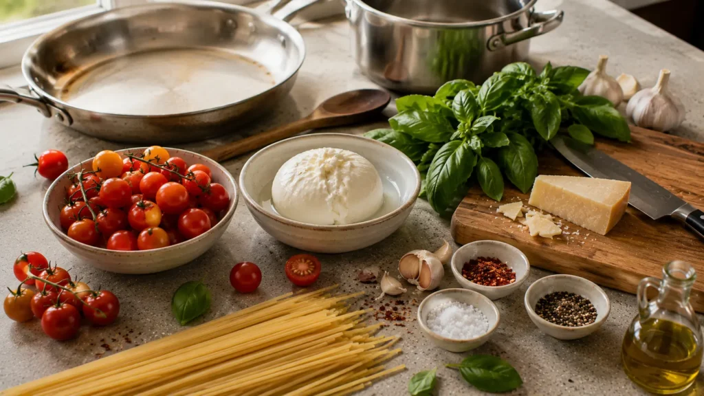 Ingredients for burst tomato burrata pasta including cherry tomatoes, burrata, pasta, garlic and fresh basil.