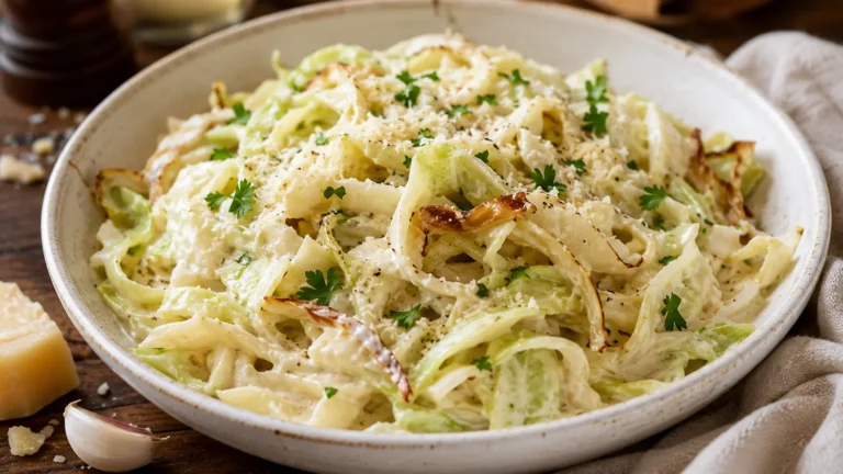 Creamy Cabbage Alfredo with tender sautéed cabbage ribbons, garlic, Parmesan and fresh parsley.