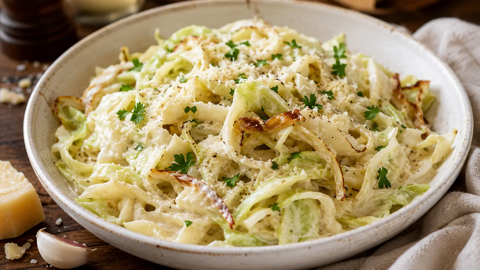 Creamy Cabbage Alfredo with tender sautéed cabbage ribbons, garlic, Parmesan and fresh parsley.