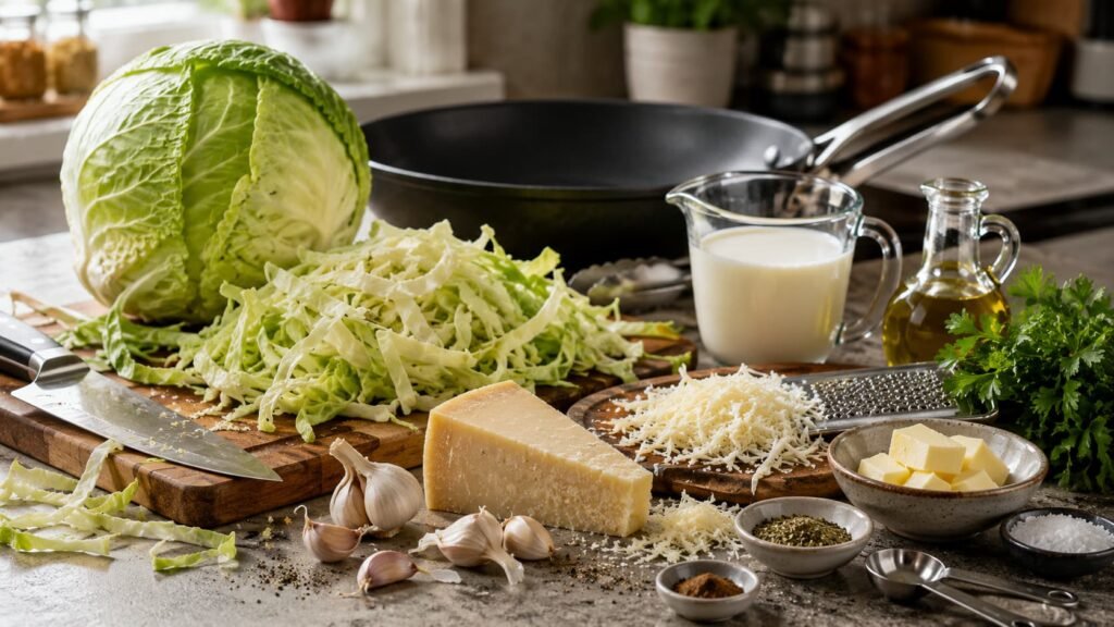 Ingredients for Cabbage Alfredo including green cabbage, Parmesan cheese, heavy cream, butter, garlic and parsley.