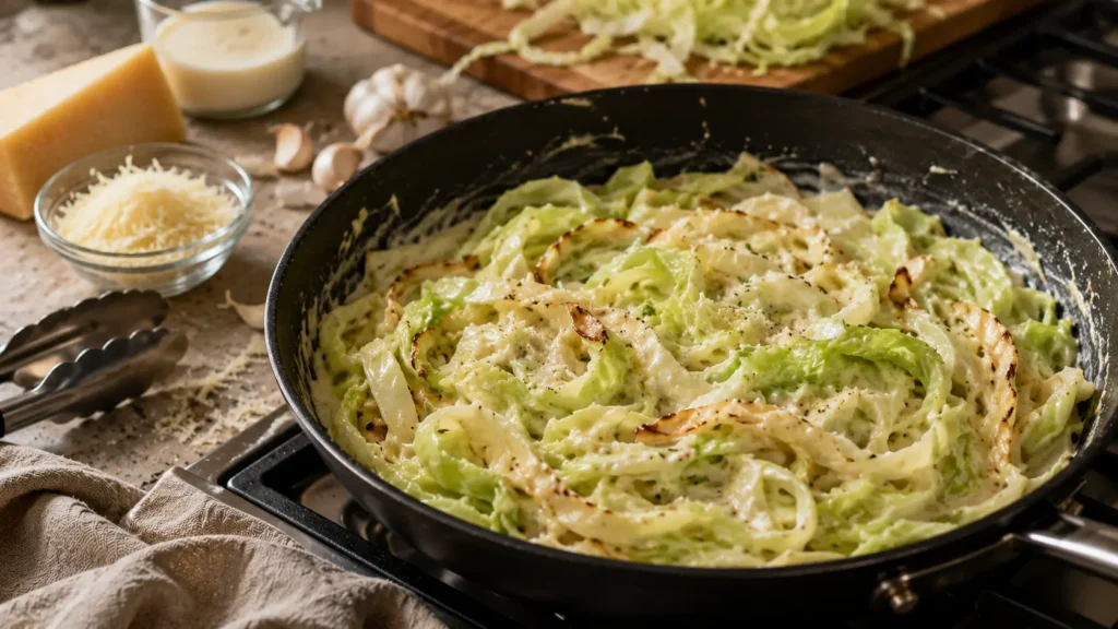 Sautéed cabbage ribbons being tossed with creamy garlic Parmesan Alfredo sauce in a skillet.
