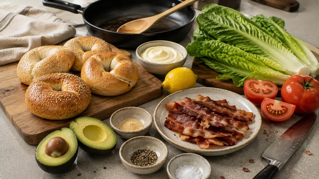 Ingredients for California chopped BLT bagels including bagels, bacon, lettuce, tomato, avocado and mayo.