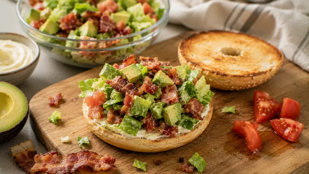 Chopped BLT filling with bacon, lettuce, tomato and avocado being assembled on a toasted bagel.